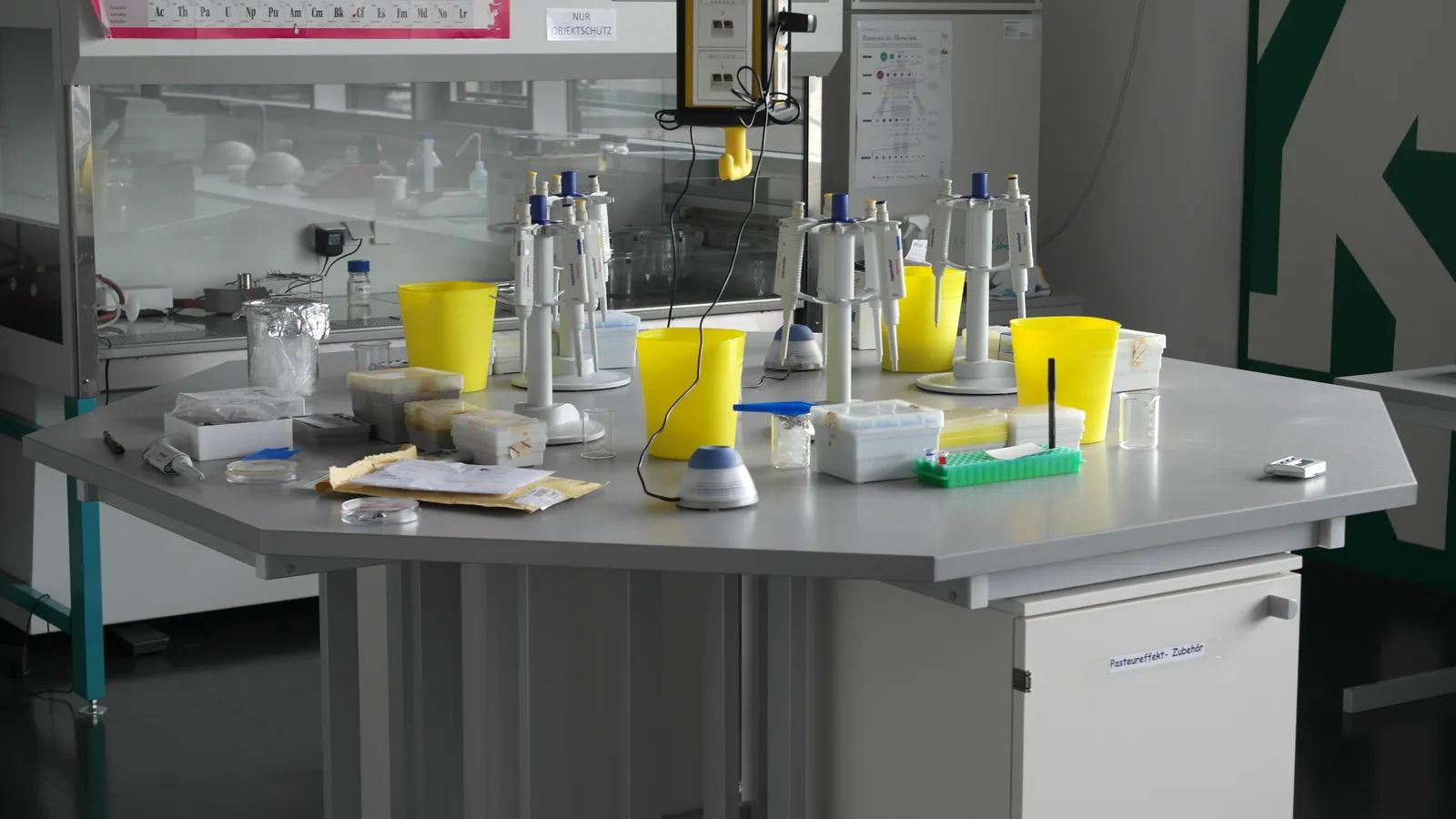 Biochemistry lab bench with micropipettes, vortex mixers and sample racks