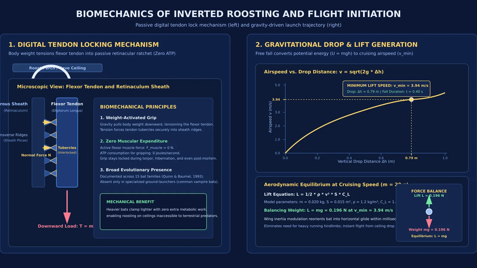 Biomechanical diagram of bat tendon lock mechanism and gravitational drop flight initiation