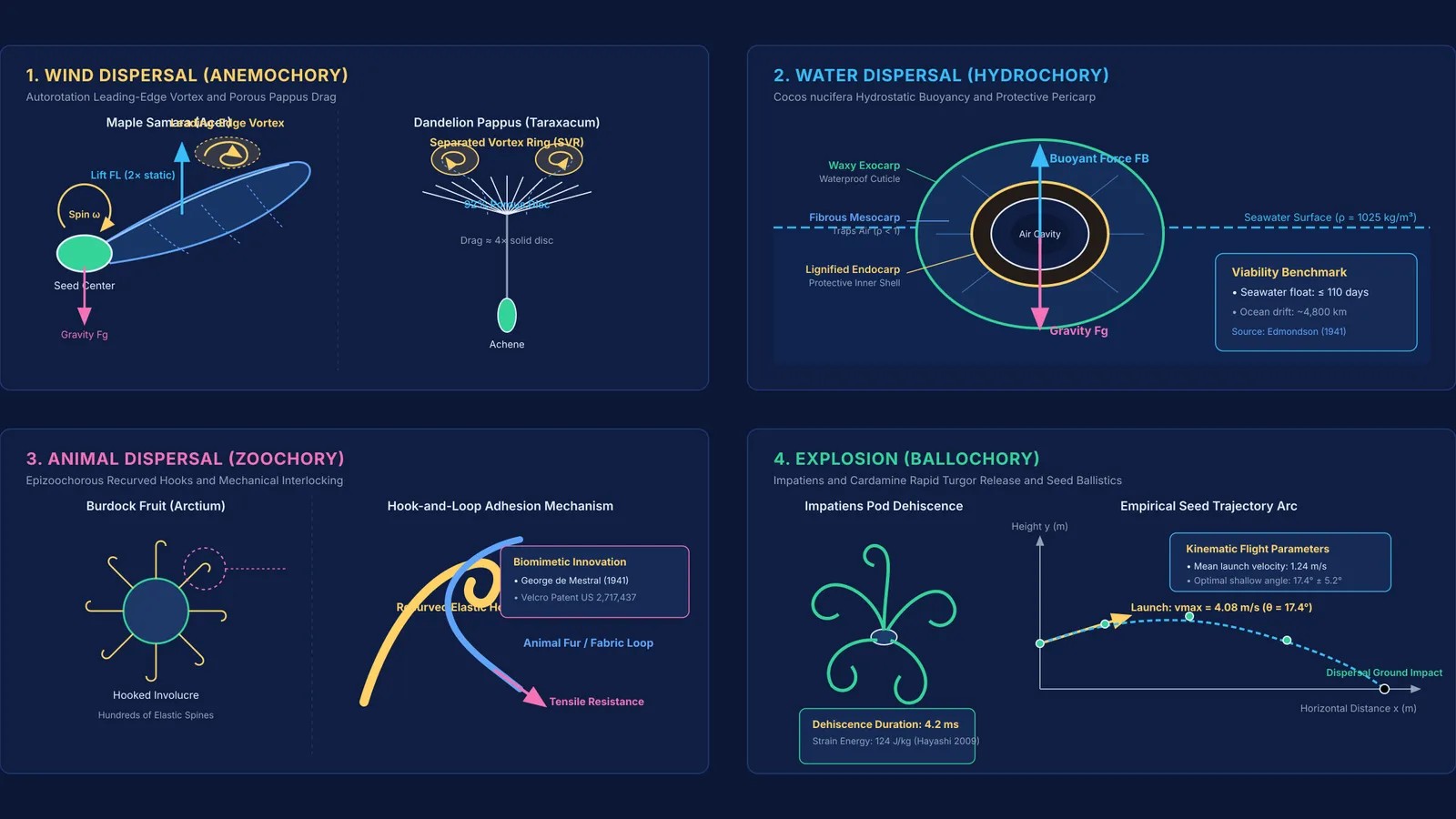 Biomechanical diagram of seed dispersal adaptations across wind, water, animals, and explosive dehiscence.