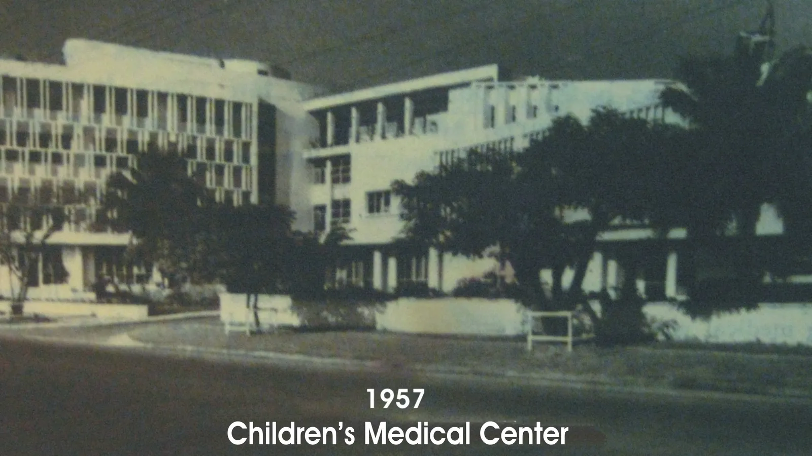 Black-and-white 1957 photo of the Children's Medical Center buildings in Quezon City