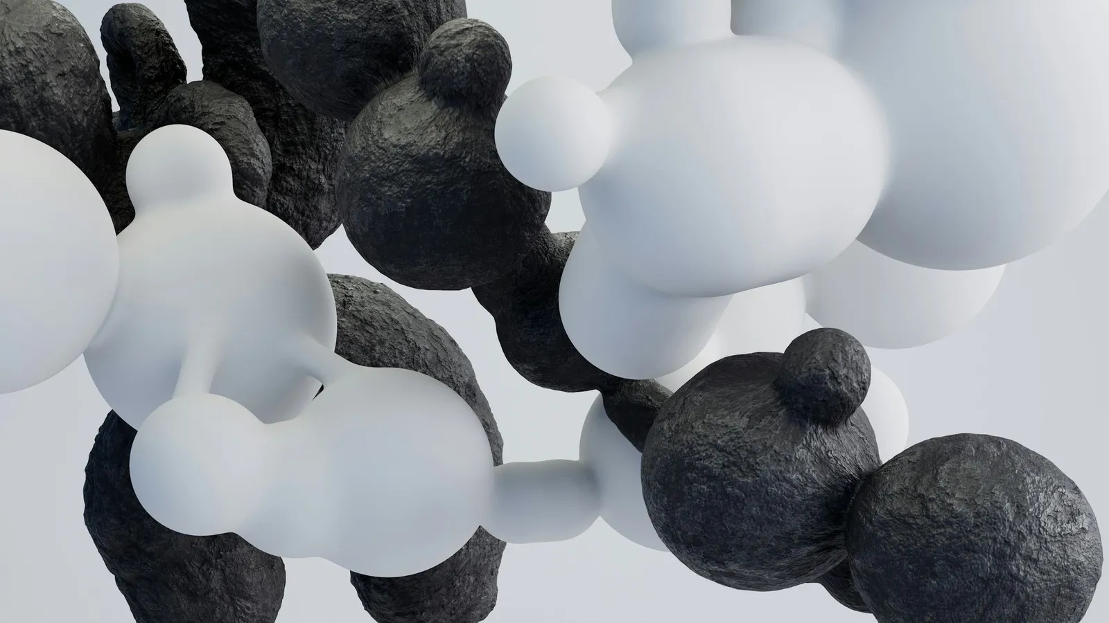 Black and white spheres joined in a 3D cluster