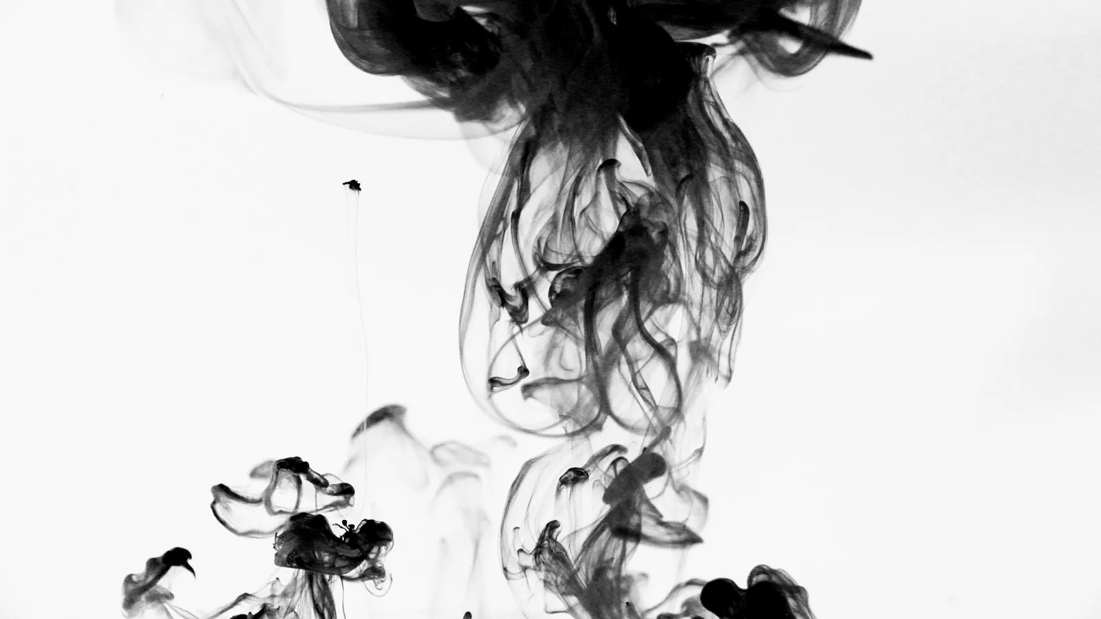 Black ink swirling as it spreads through clear water
