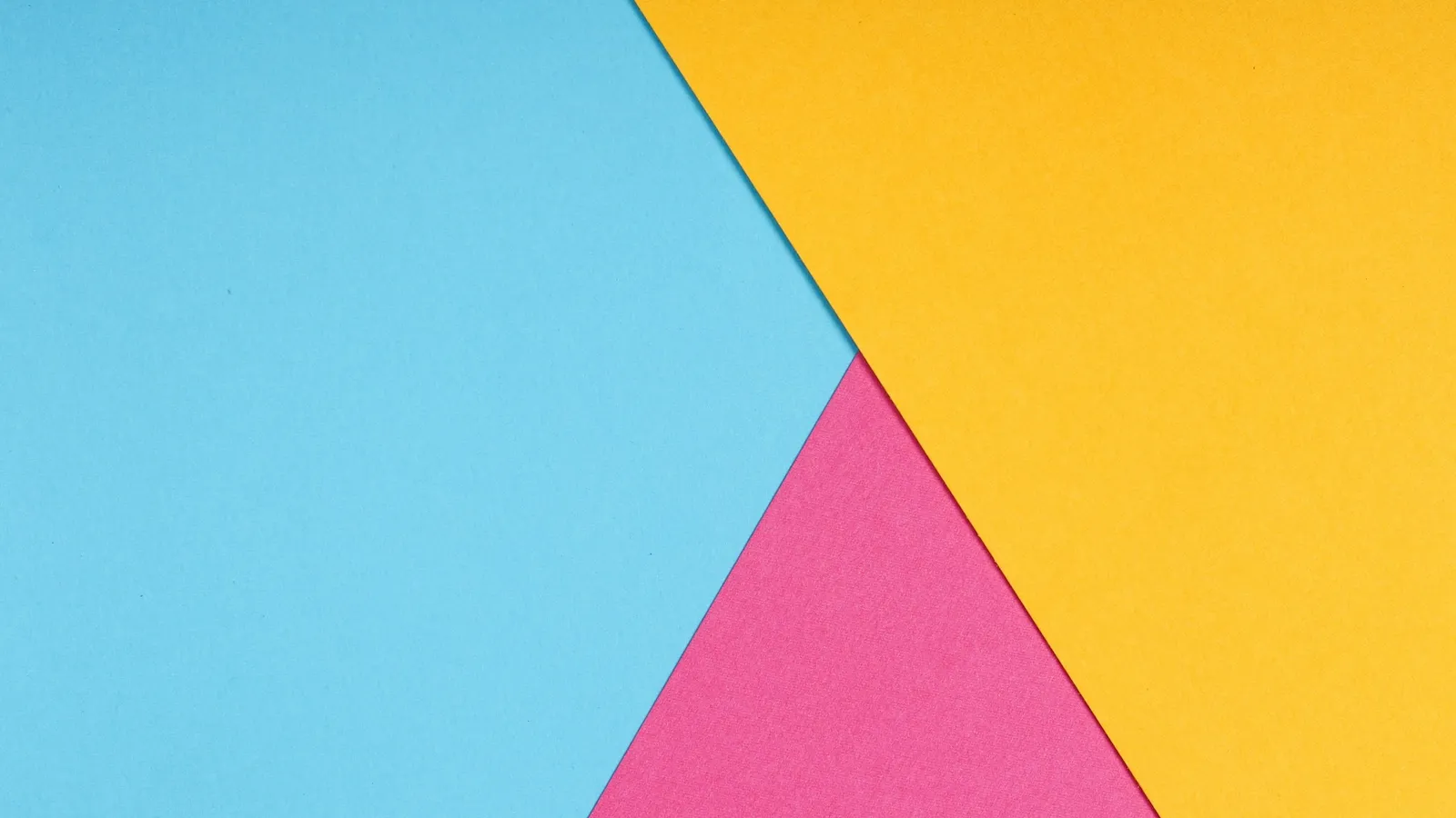 Bold blue, pink and yellow triangles meeting at a point