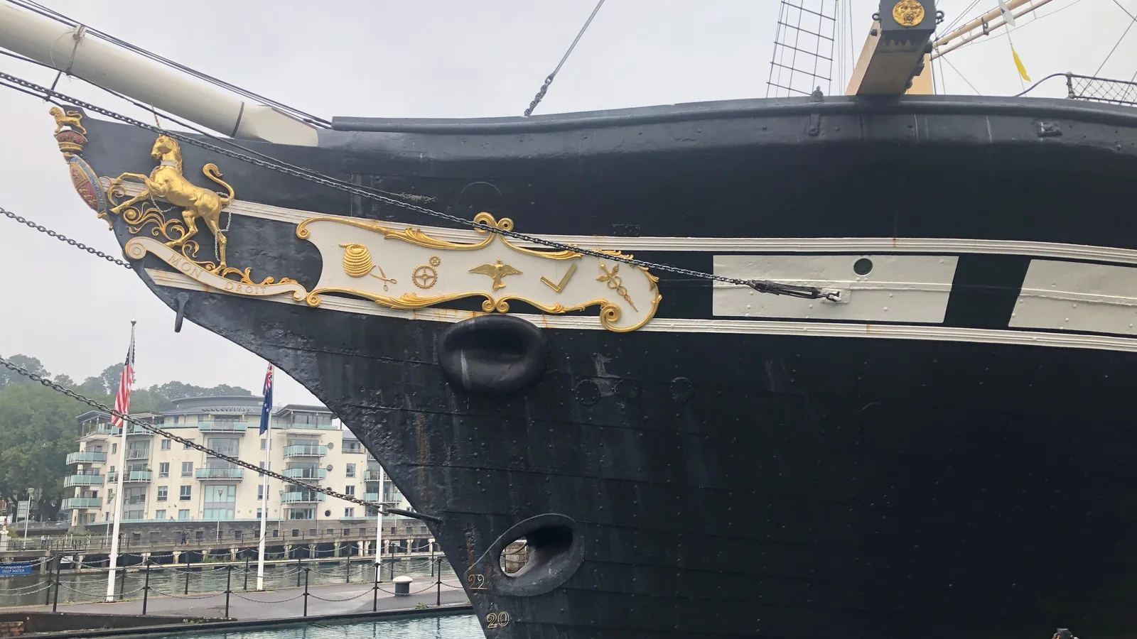 Bow of the iron-hulled SS Great Britain in dry dock