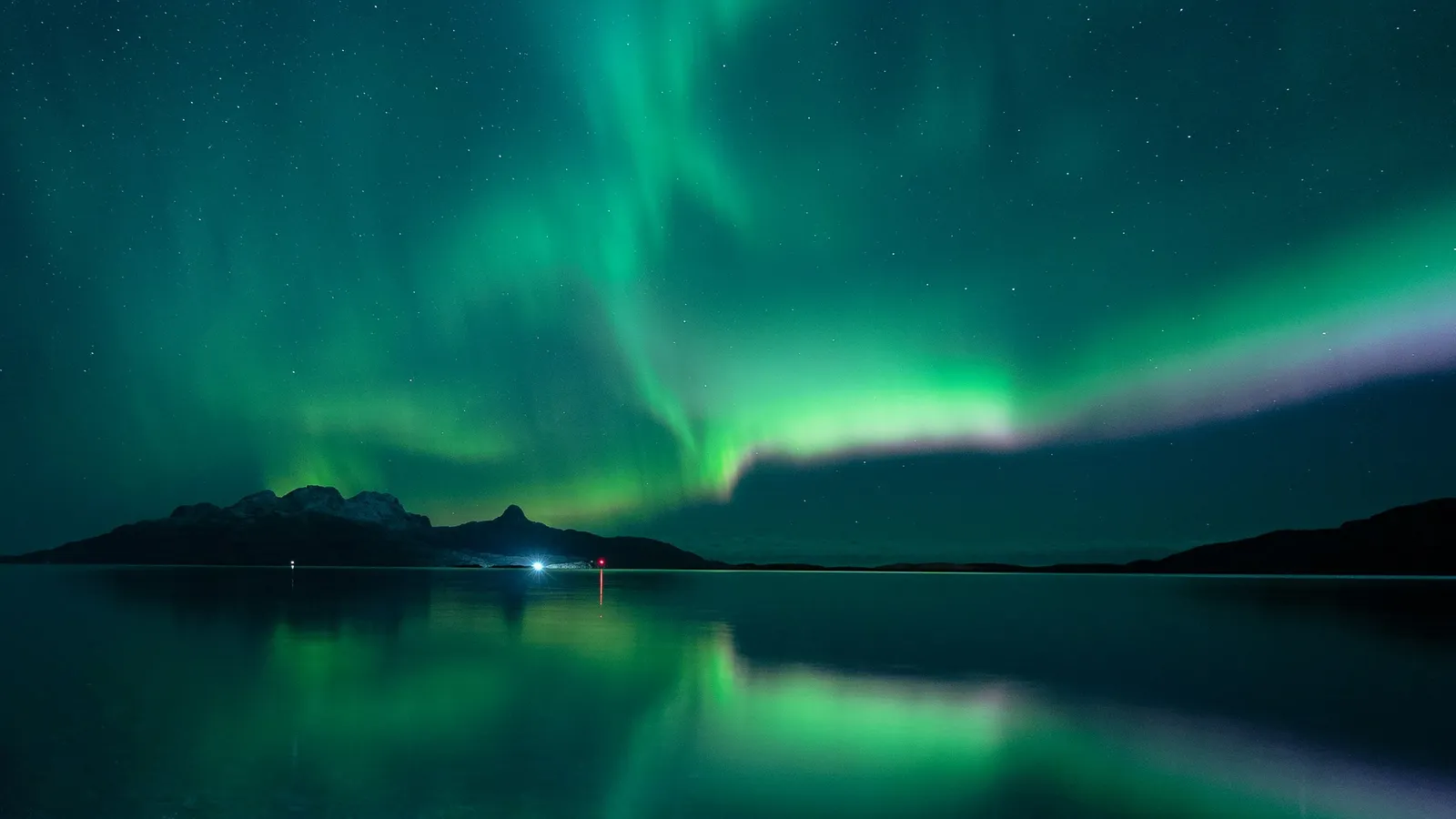 Bright green aurora over a coastal bay
