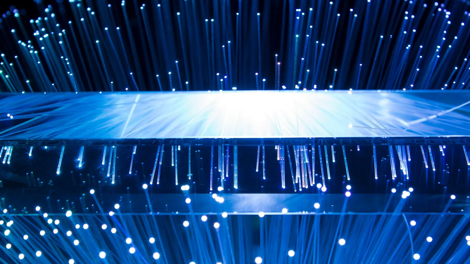 Bundles of glowing blue optical fibres