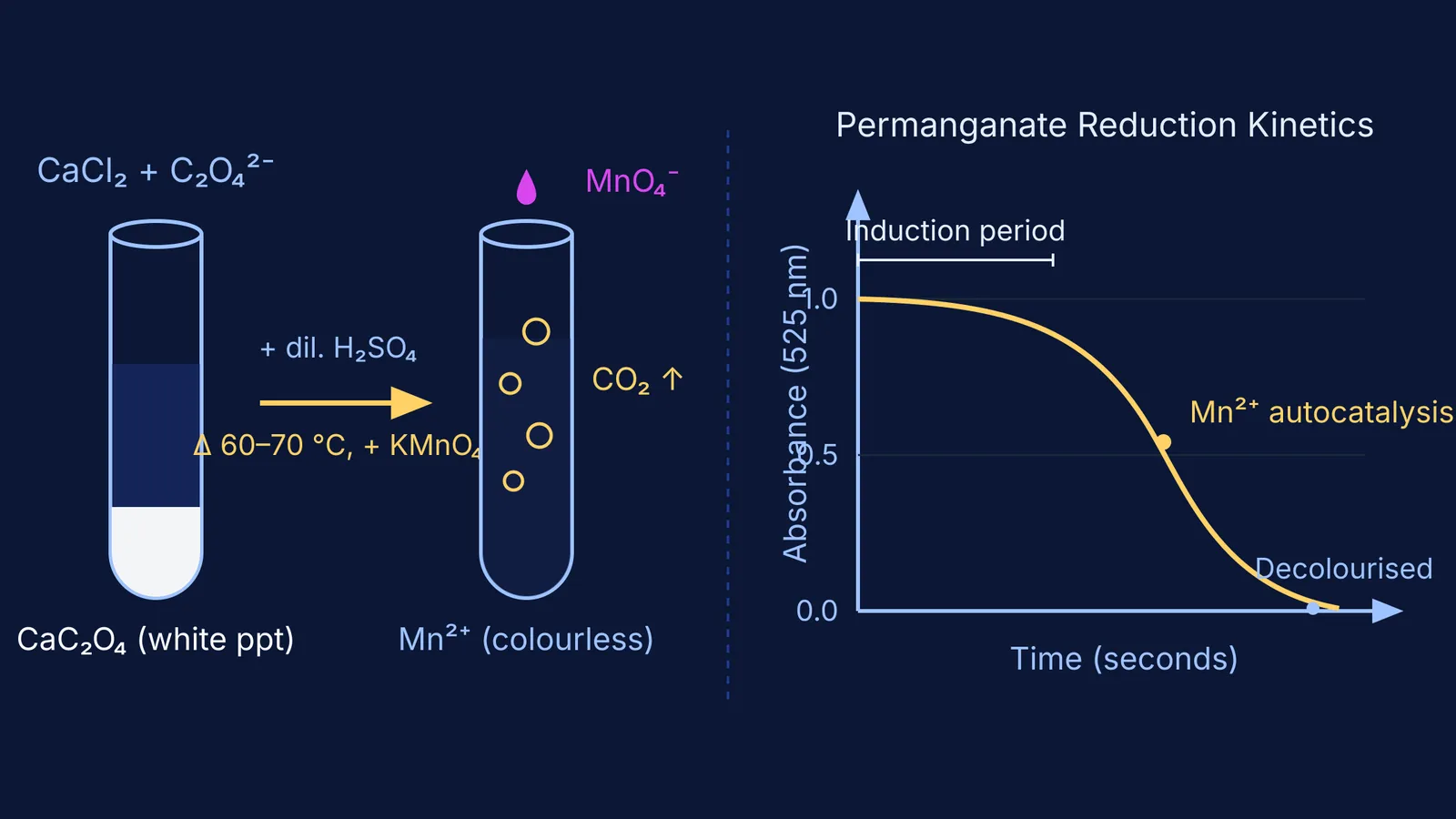 Calcium oxalate precipitation and autocatalytic permanganate decolourisation kinetics curve