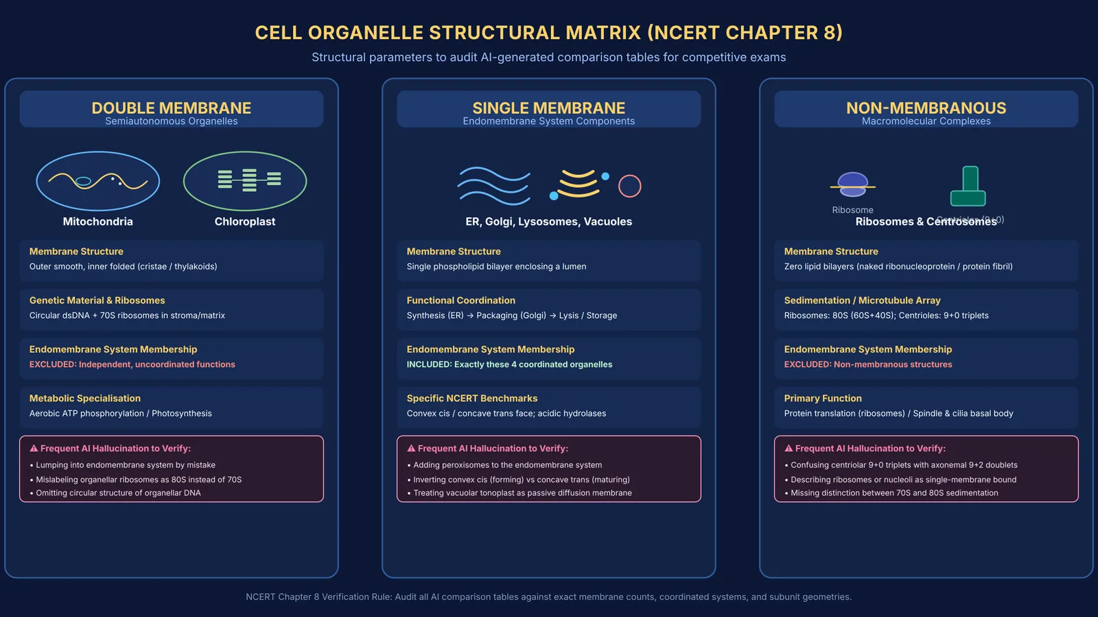 Cell organelle structural comparison diagram showing double, single, and non-membranous architectures