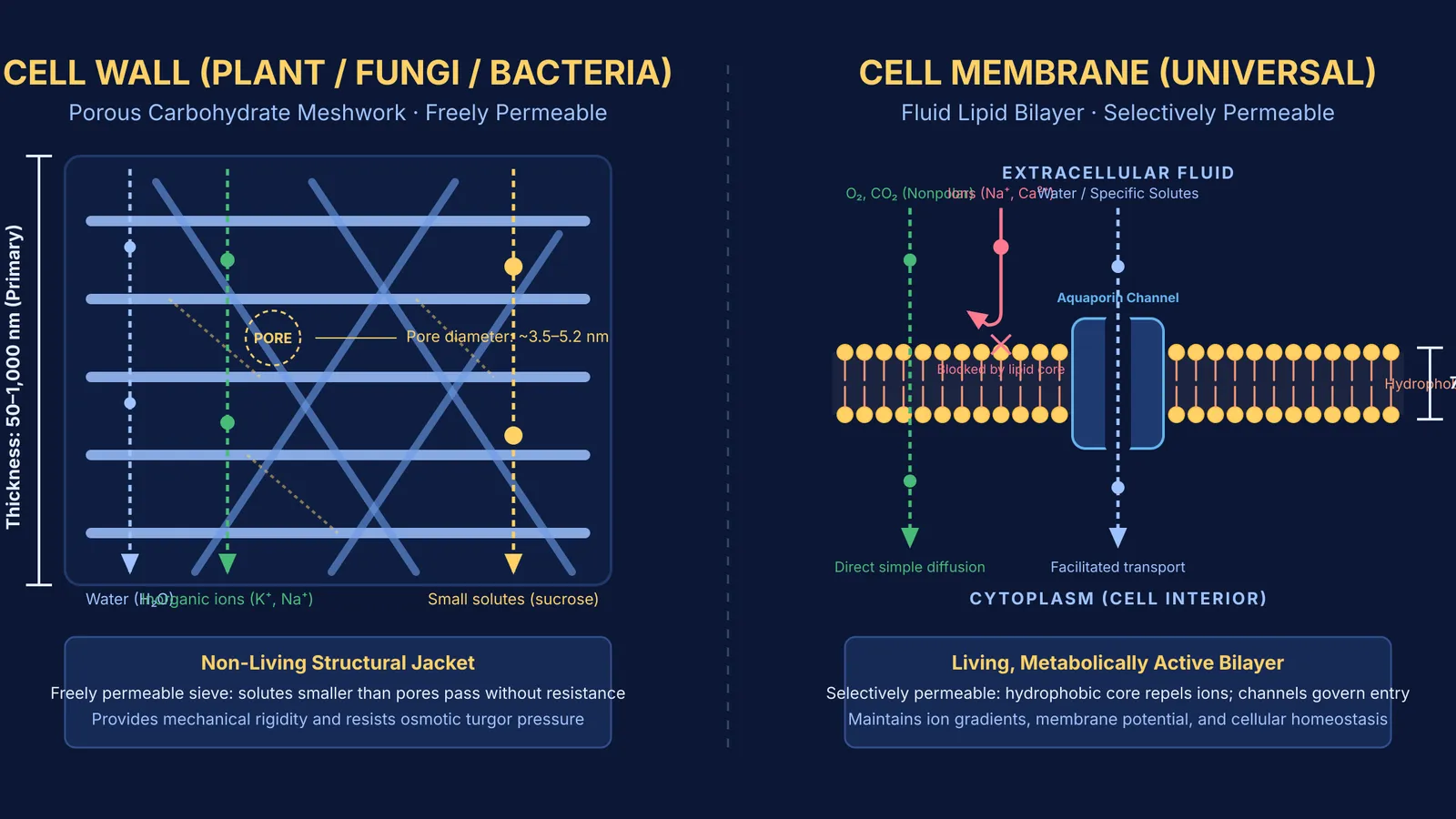Cell wall porous meshwork compared with selectively permeable cell membrane lipid bilayer