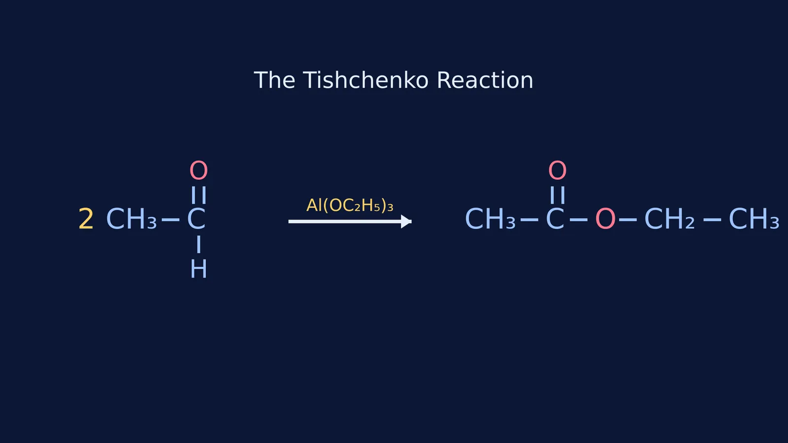 Chemical equation showing two ethanal molecules forming ethyl acetate via aluminium ethoxide
