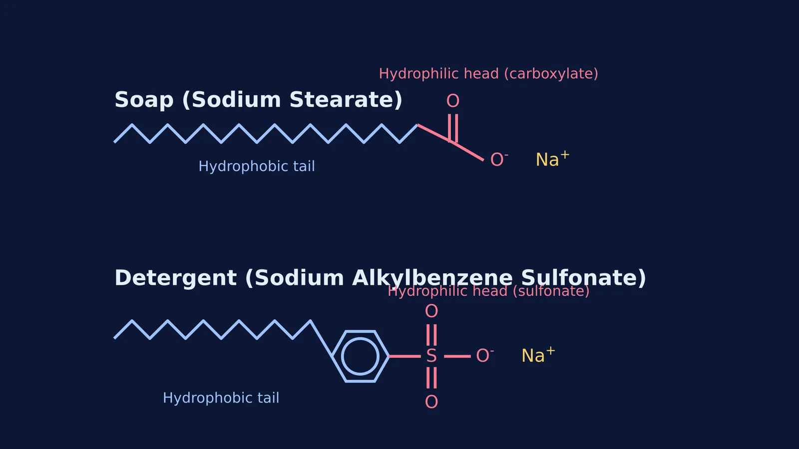 Chemical structures of soap and detergent molecules