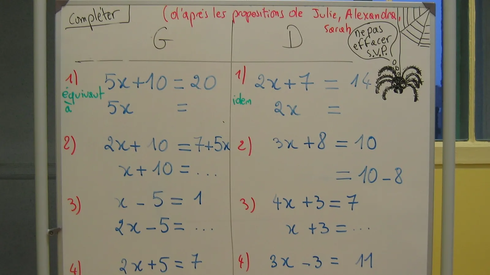 Classroom whiteboard on a stand with half-finished linear equations for students to complete