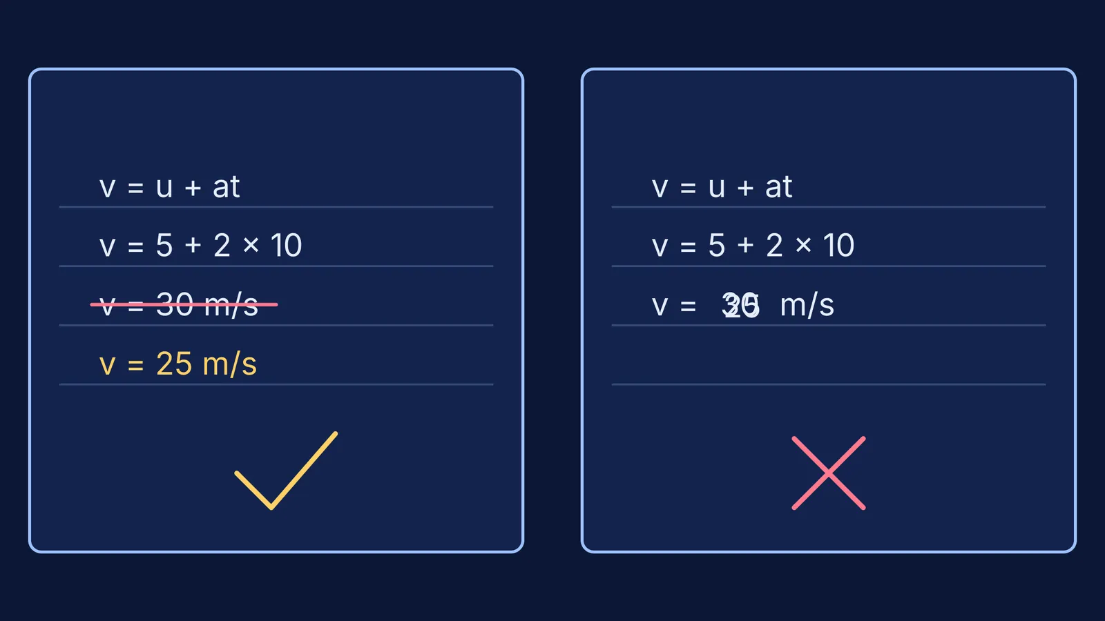 Clean single-line correction beside an unreadable overwritten answer in a velocity calculation