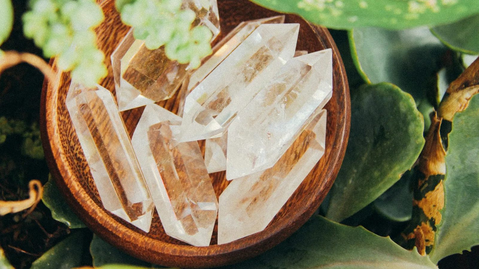 Clear quartz crystals in a wooden bowl