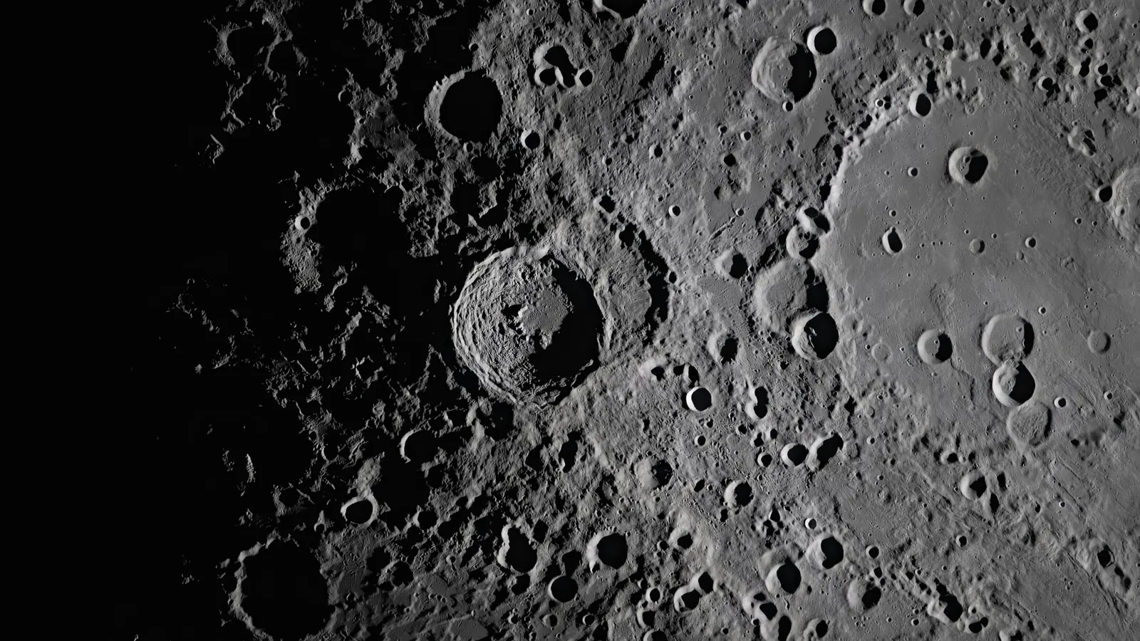Close-up of craters on the surface of the Moon