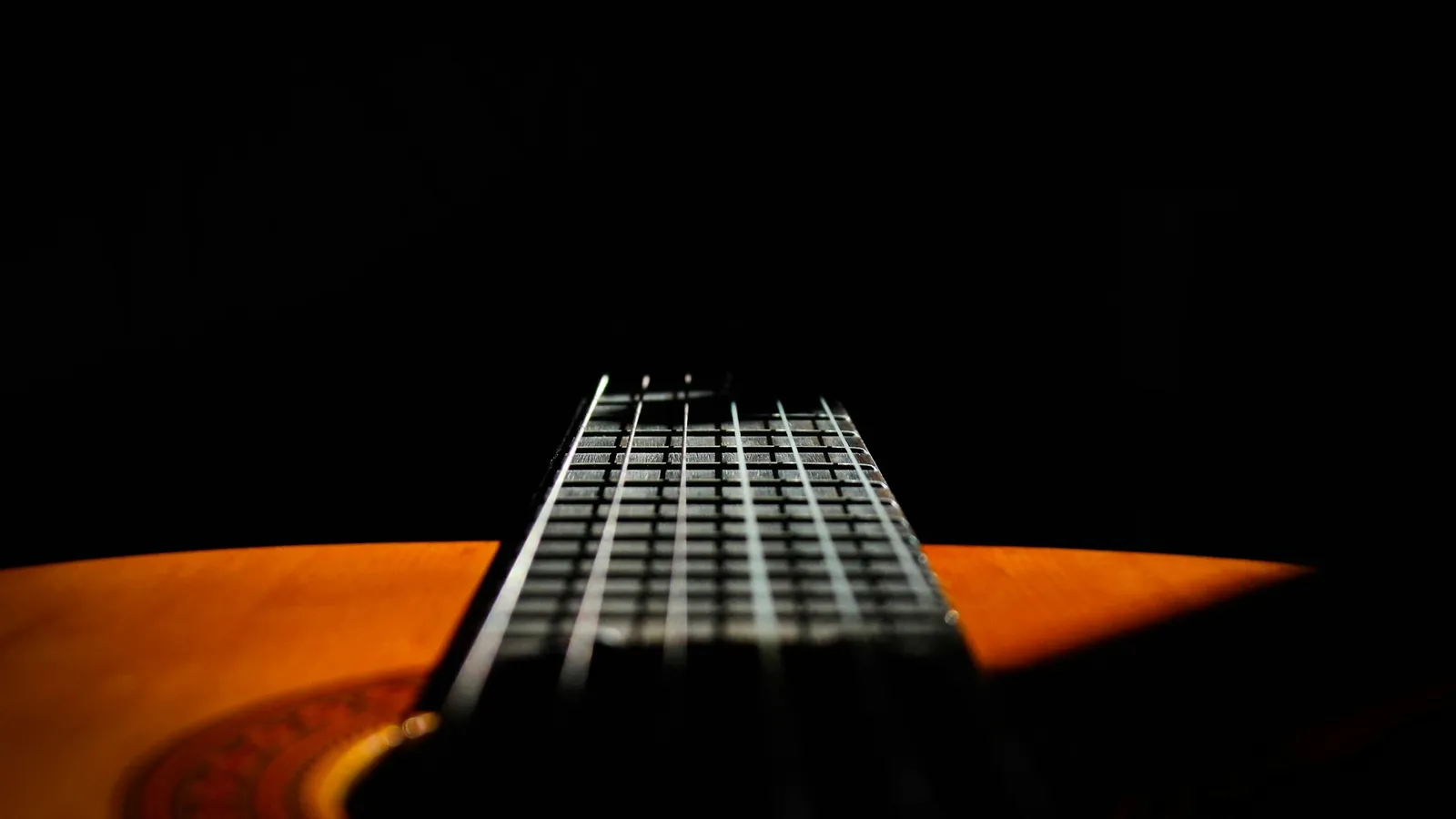 Close-up of guitar strings lit against a black background