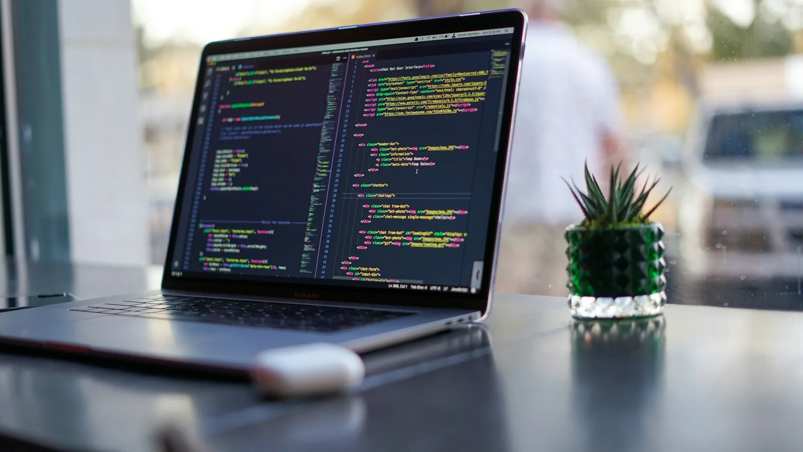 Code on a laptop beside a small plant