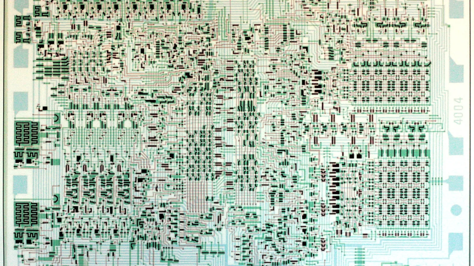Colour poster of the Intel 4004 chip layout showing its dense circuit wiring