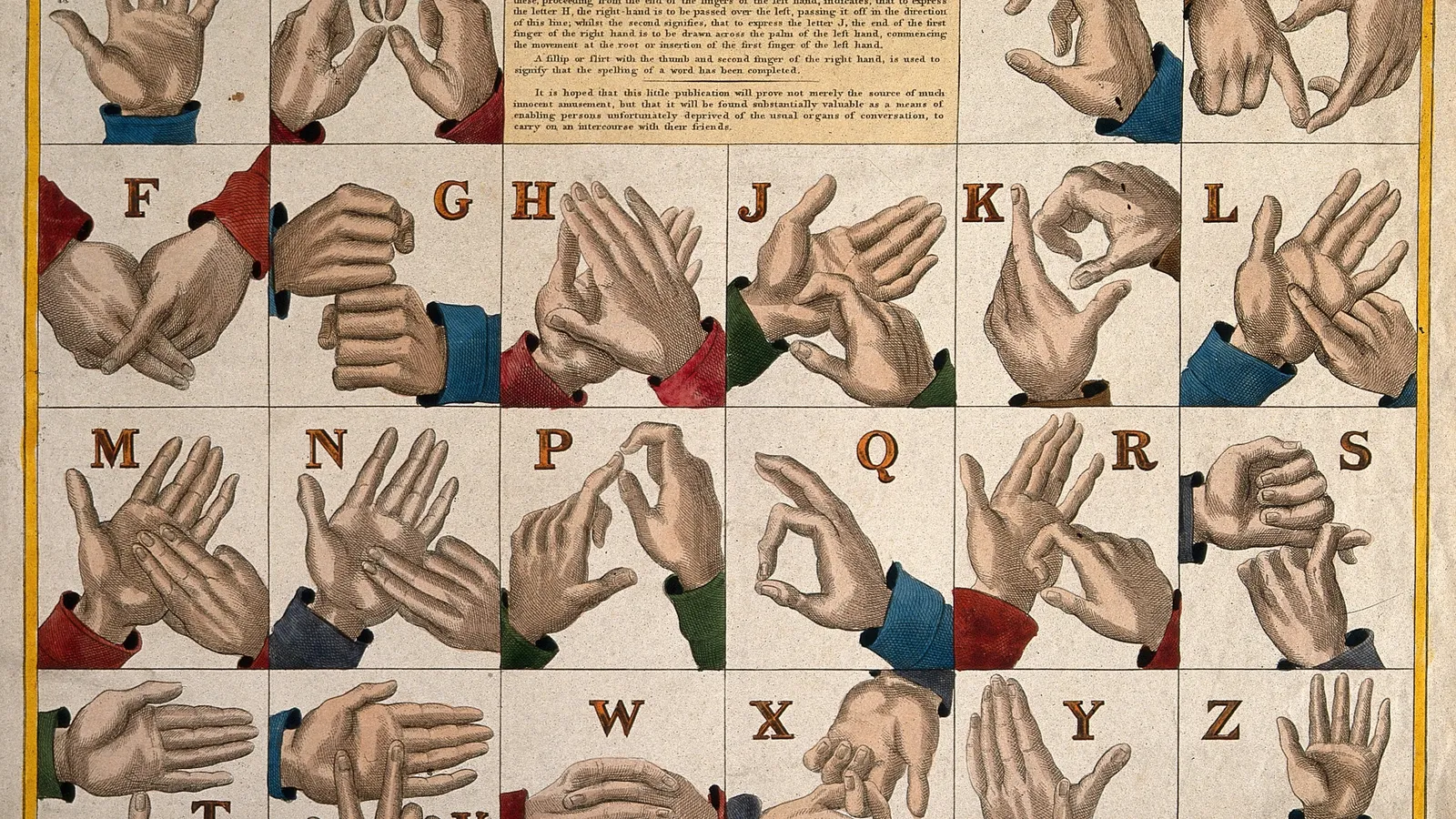 Coloured etching of hands forming the letters of a two-handed fingerspelling alphabet