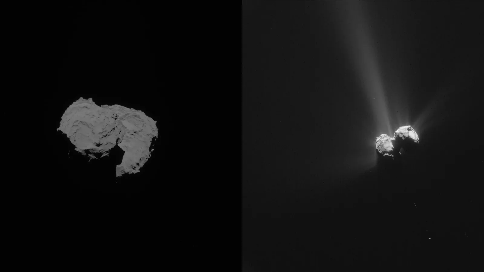 Comet 67P nucleus quiet in 2014, then releasing bright gas jets in 2015