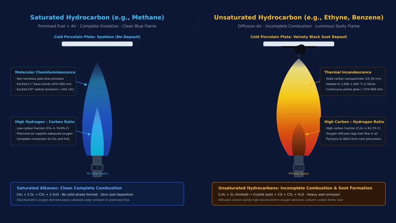 Comparison diagram of clean blue saturated hydrocarbon flame and yellow sooty unsaturated flame