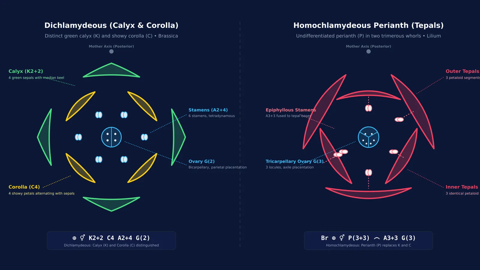 Comparison diagram of dichlamydeous calyx and corolla versus homochlamydeous lily perianth with tepals