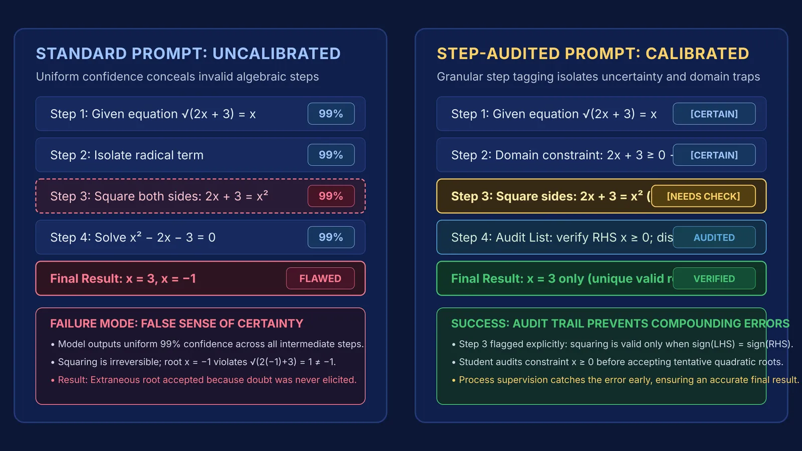 Comparison diagram of naive prompt overconfidence versus step-audited prompt uncertainty flags