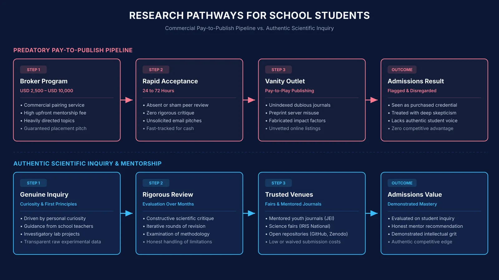 Comparison flowchart of predatory pay-to-publish schemes versus authentic mentored student scientific research