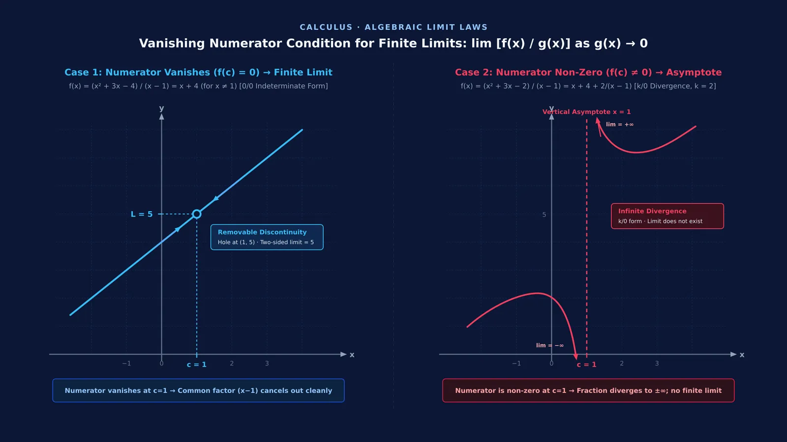Comparison graph of finite limit with removable discontinuity versus infinite limit with vertical asymptote