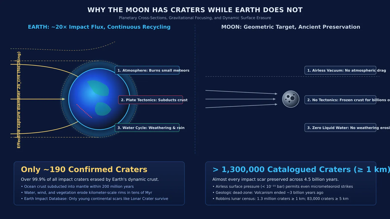 Comparison of Earth's dynamic crater erasure versus the Moon's crater preservation