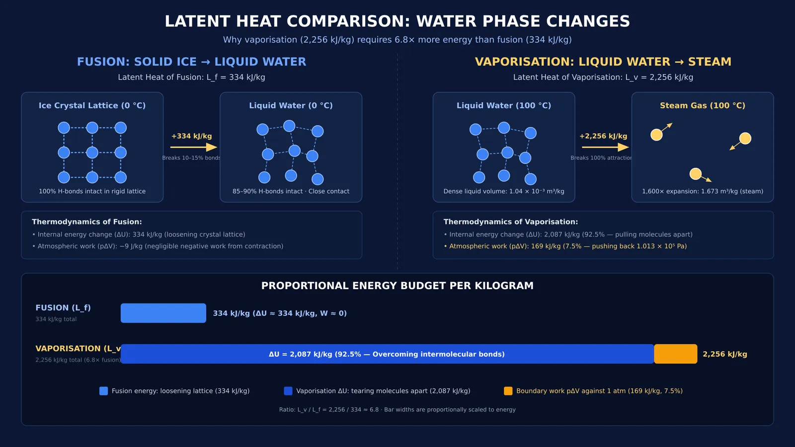 Comparison of energy and molecular states for water fusion versus vaporisation