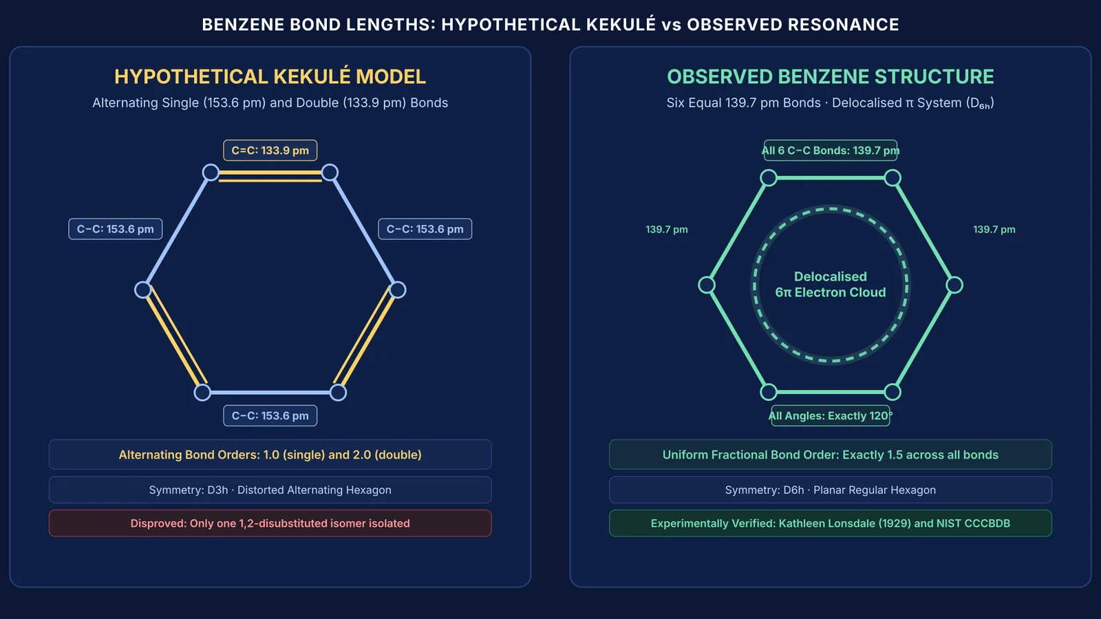 Comparison of hypothetical alternating Kekulé benzene bonds against observed equal resonance bonds