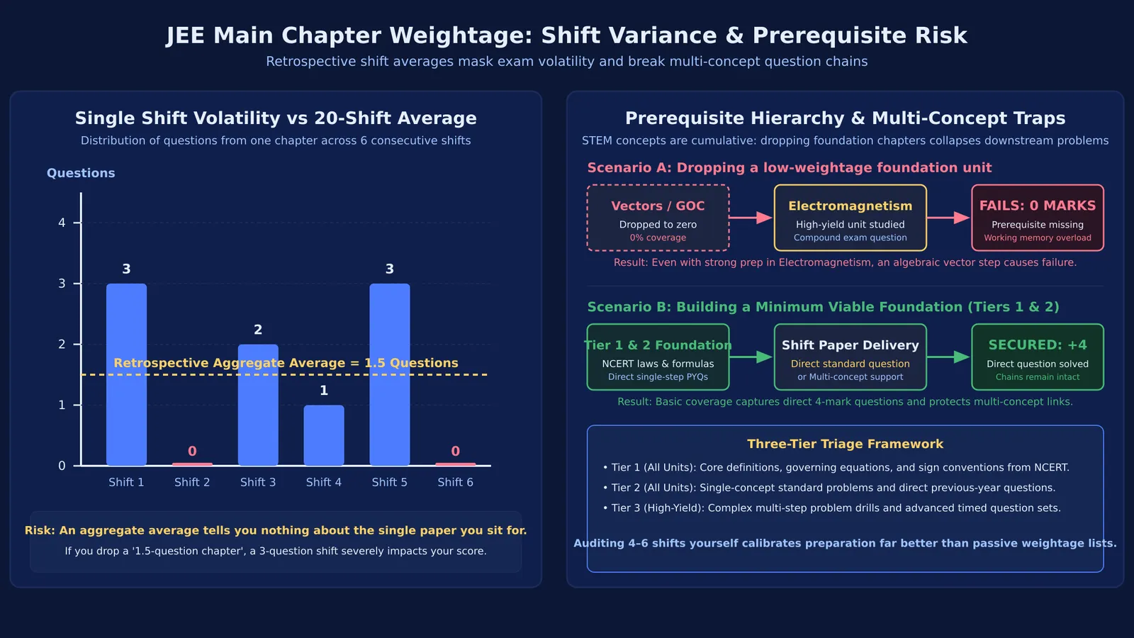 Comparison of shift question variance against flat average alongside prerequisite dependency breakdown