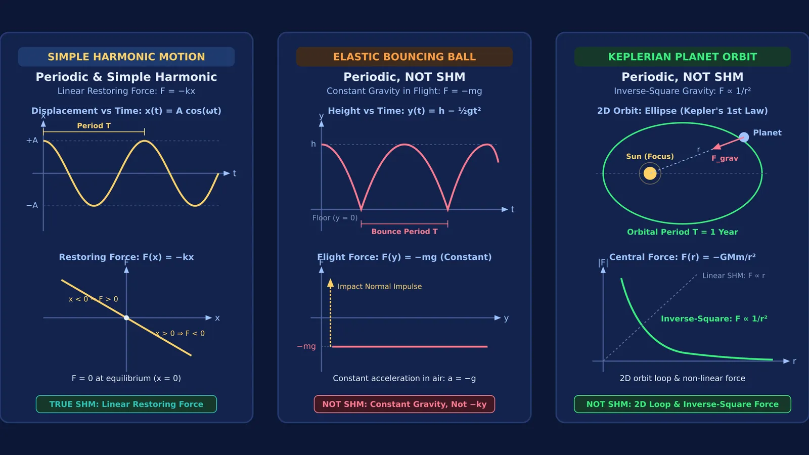 Comparison of simple harmonic motion, a bouncing ball trajectory, and an elliptical planetary orbit