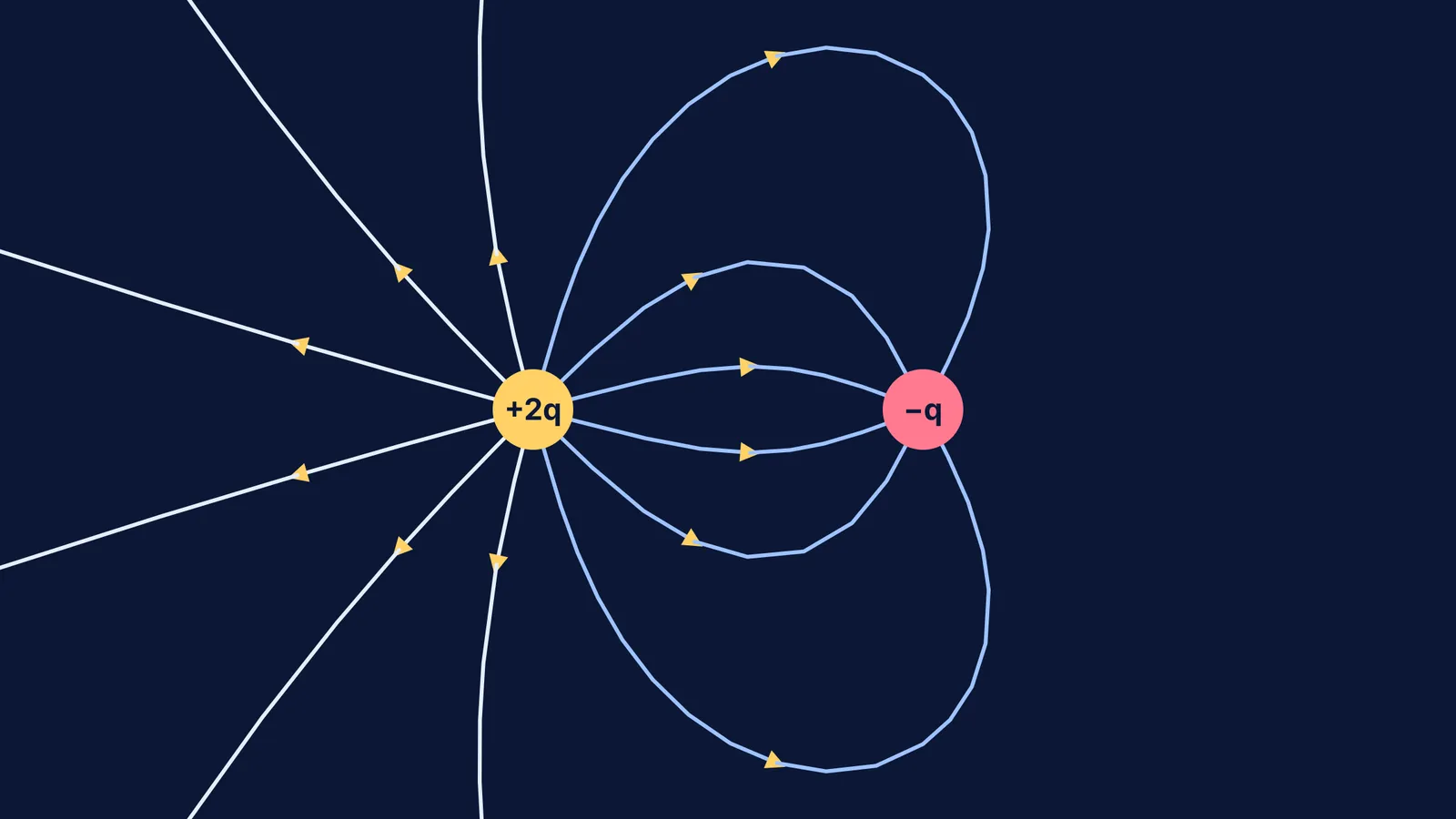 Computed electric field lines of a +2q charge beside a −q charge