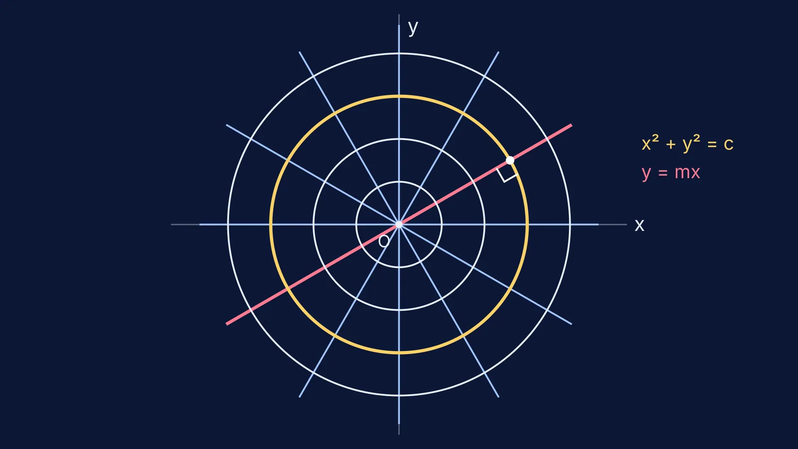 Concentric circles crossed at right angles by straight lines through the origin