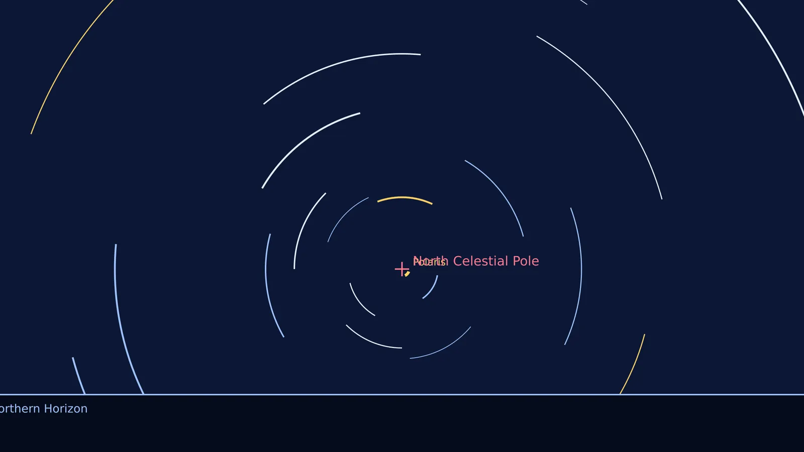Concentric star trails around the North Celestial Pole over the horizon