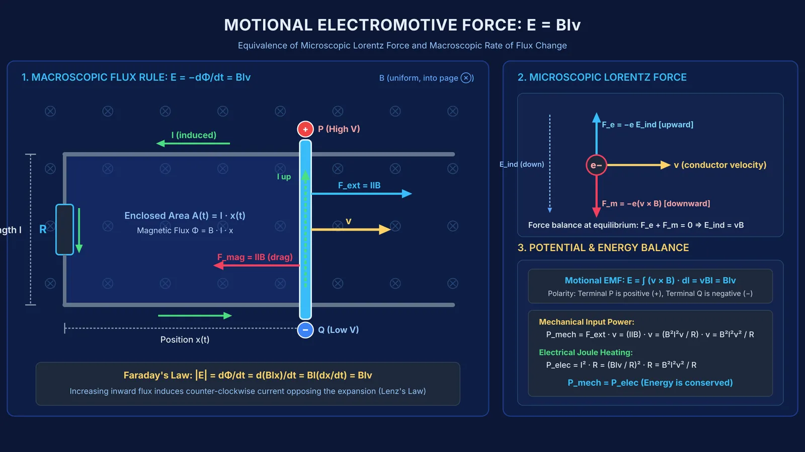 Conducting rod sliding on rails through magnetic field inducing motional EMF