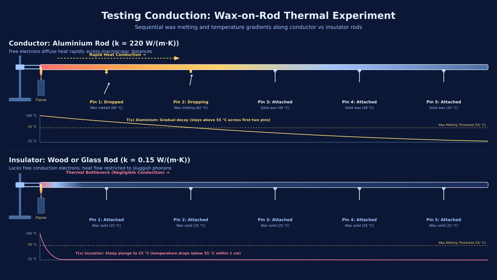 Conduction test comparing sequential wax pin drop on metal against an insulator rod