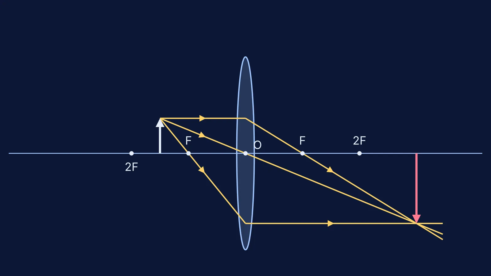 Convex lens ray diagram: object between F and 2F, enlarged inverted image beyond 2F