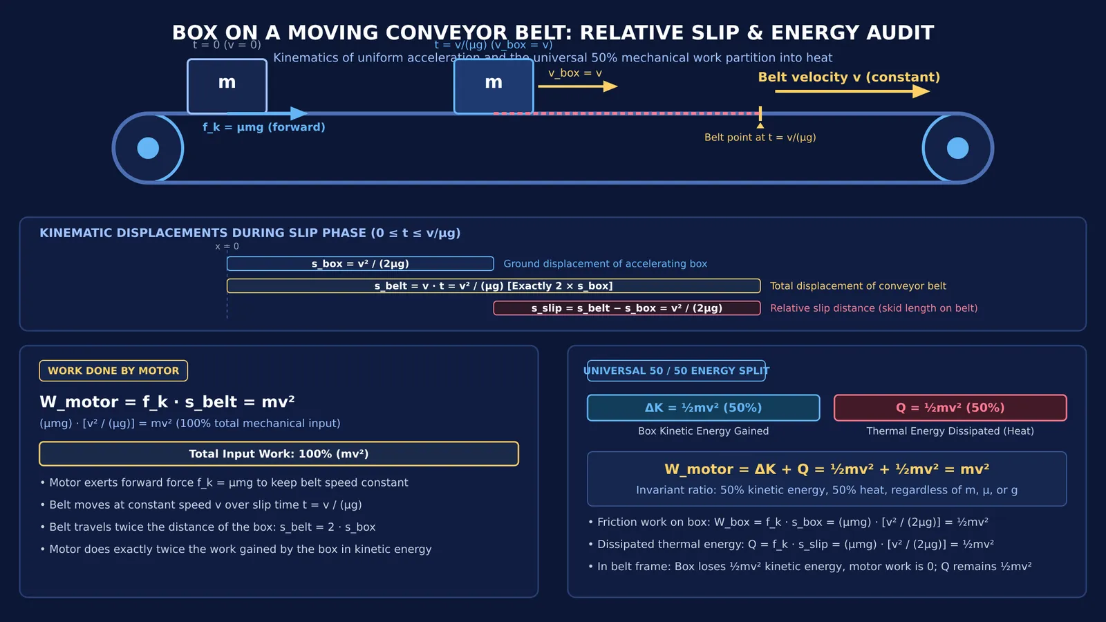 Conveyor belt diagram showing box acceleration, slip distance, and 50-50 energy split