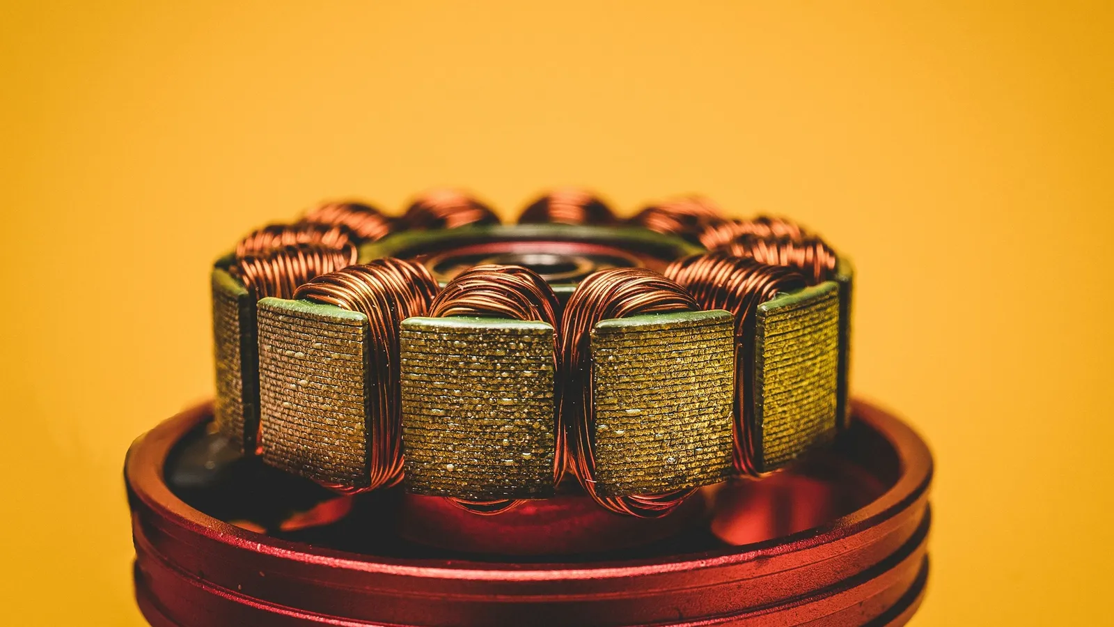 Copper wire coils wound around an electric motor stator