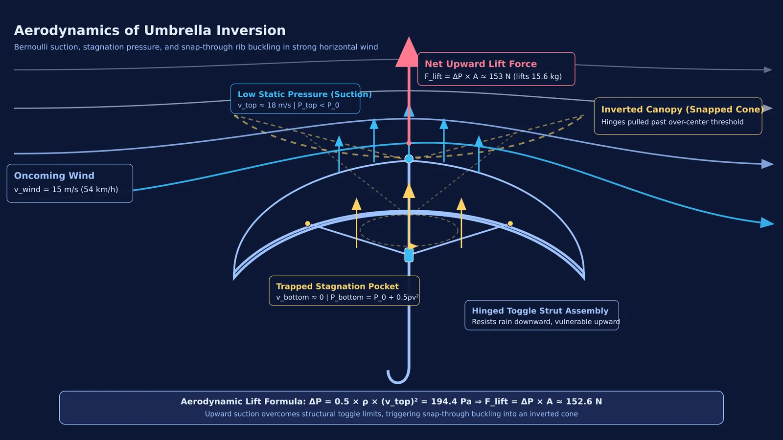 Cross-section aerodynamic diagram of an umbrella canopy showing pressure drop and upward lift force