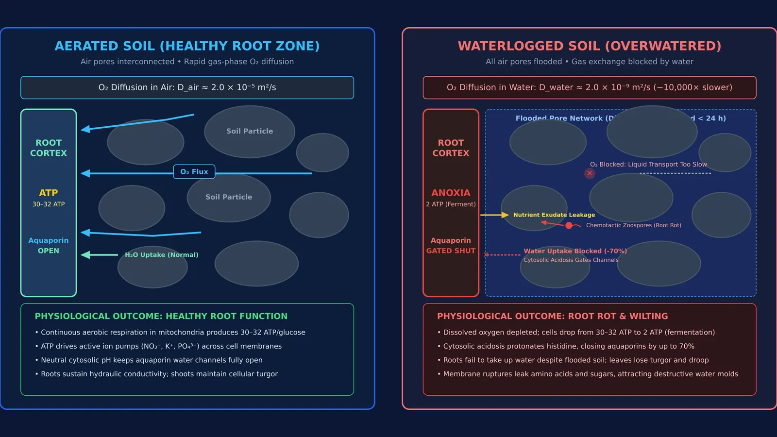 Cross-section diagram comparing oxygen diffusion in aerated soil versus waterlogged soil around plant roots