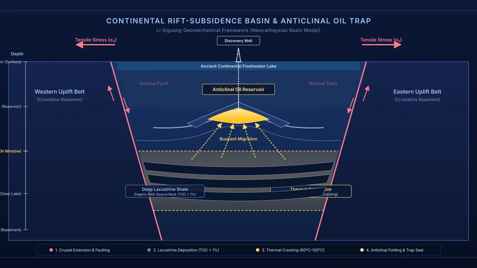 Cross-section diagram of a continental rift basin showing tectonic faults and oil accumulation.