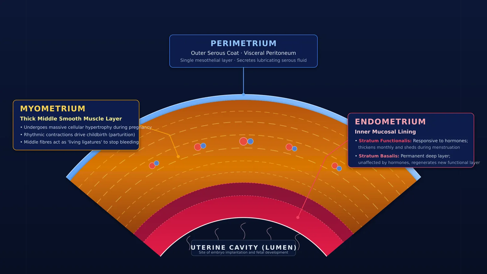Cross-section diagram of the uterus showing the endometrium, myometrium, and perimetrium layers.