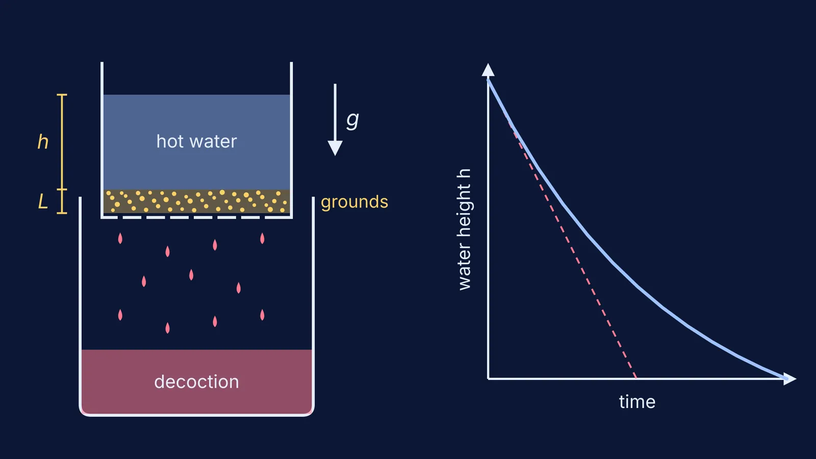 Cross-section of a coffee filter beside a graph of water level falling over time