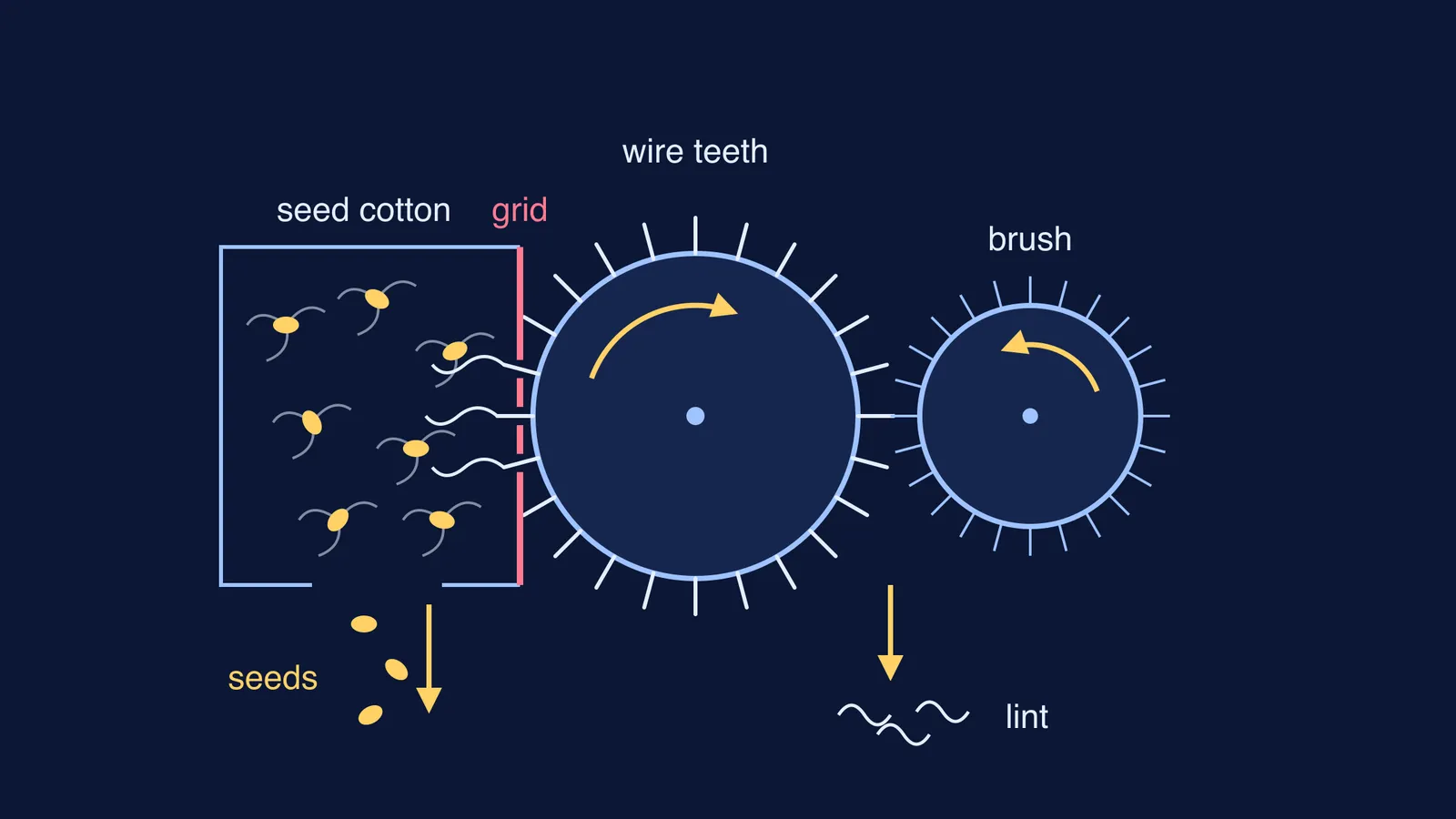 Cross-section of a cotton gin: wire teeth pull fibre through a grid, seeds fall away