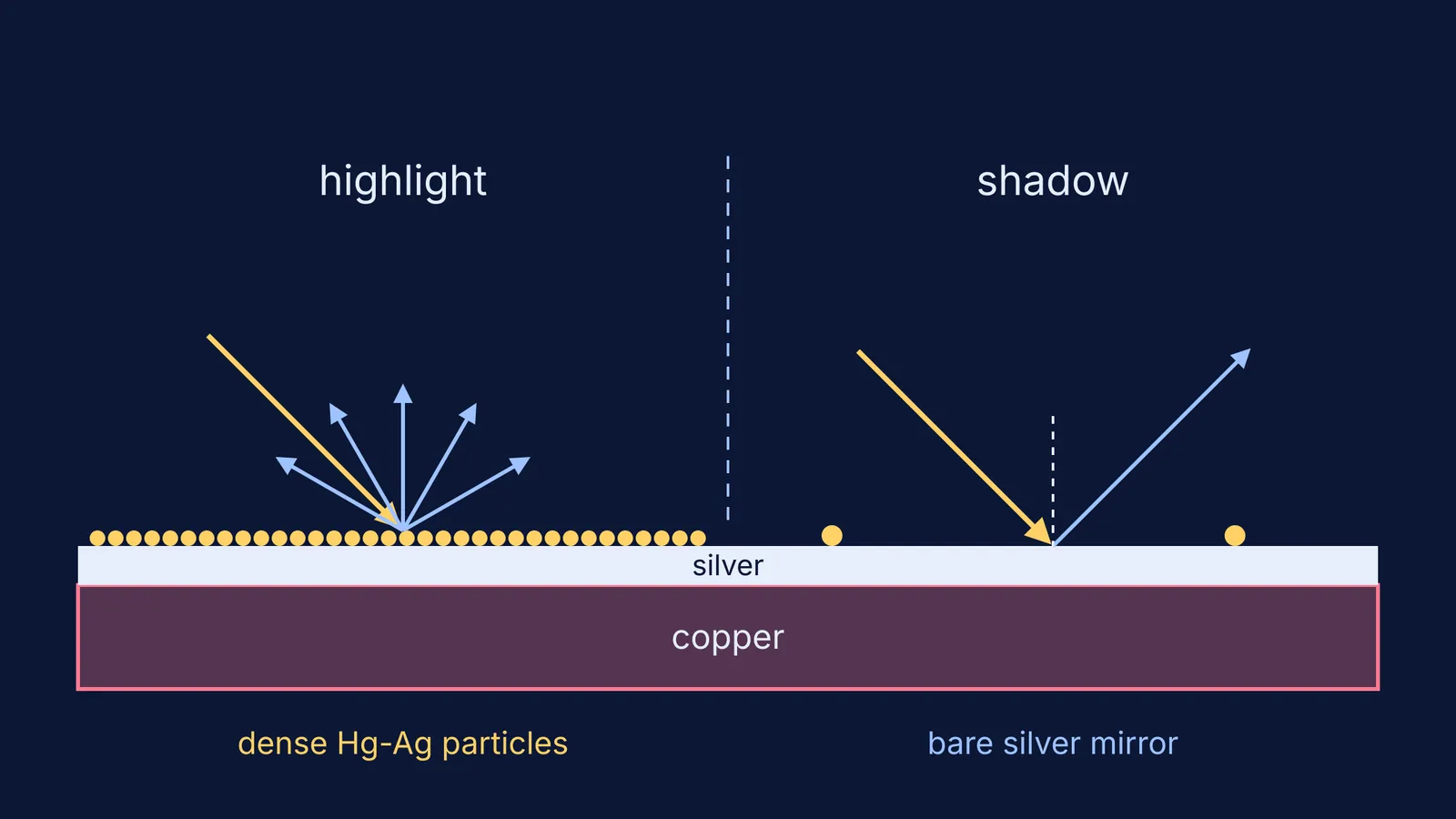 Cross-section of a daguerreotype plate scattering light in highlights, mirroring it in shadows