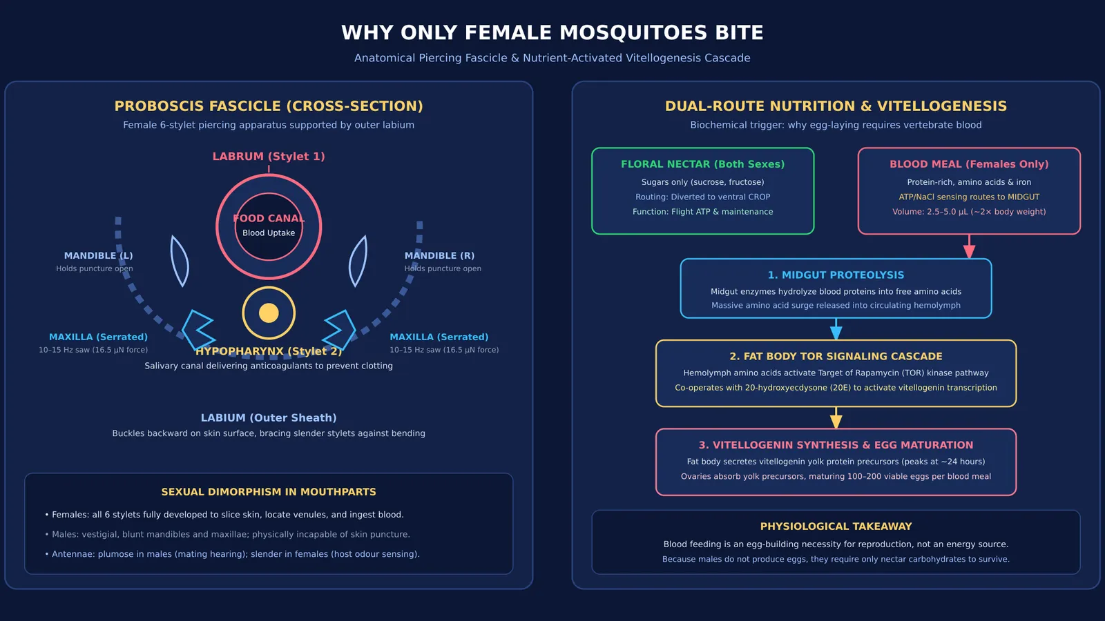 Cross-section of female mosquito piercing stylets and midgut vitellogenesis pathway